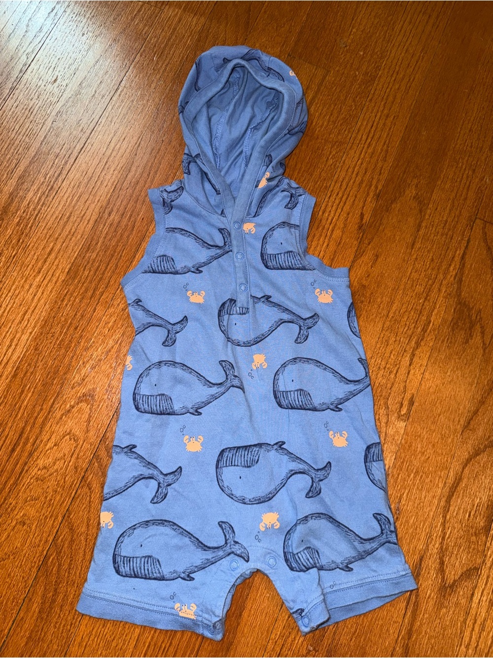 Carter's Blue Whale Print Hooded Sleeveless Pajama Romper